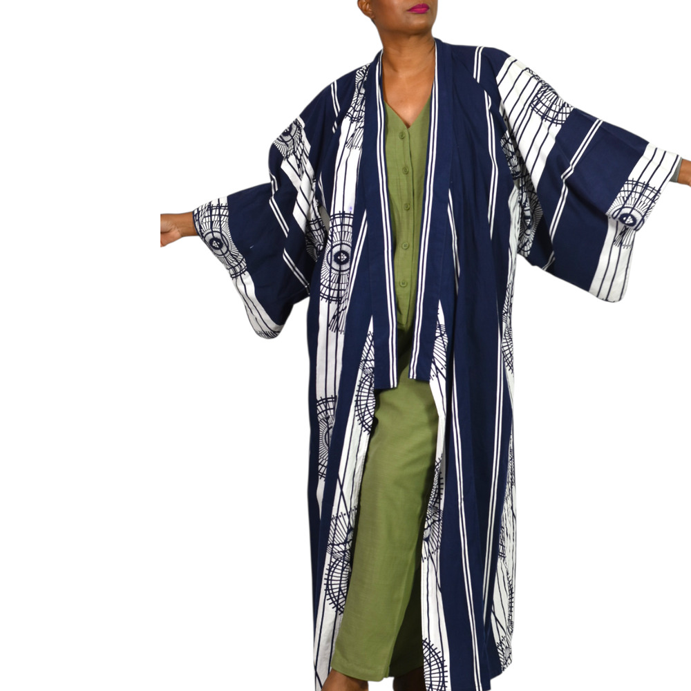 Vintage FP Tokyo Kimono Robe Blue Stripe Japanese Cotton Duster Yukata One Size